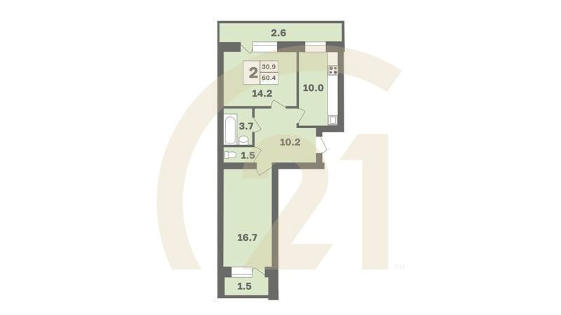 2-комн, 60.4 м², 2-9 этаж