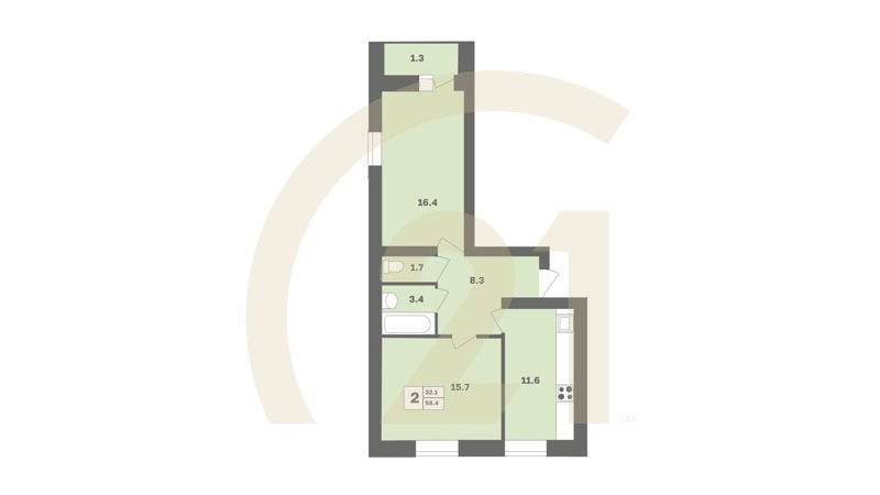 2-комн, 58.4 м², 1-3 этаж