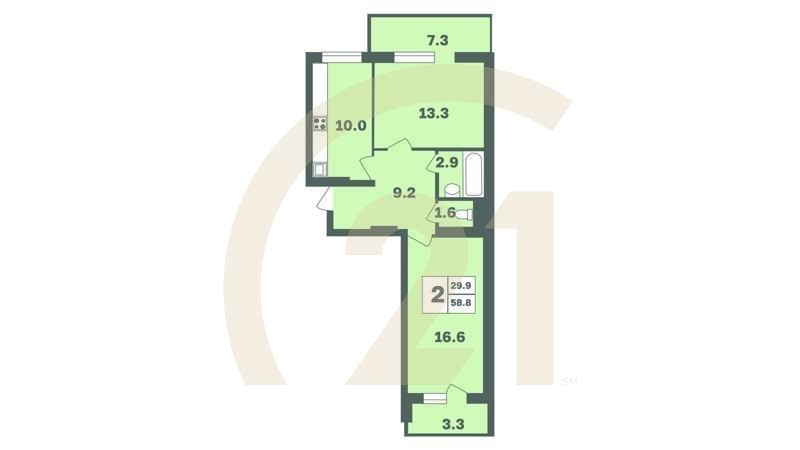 2-комн, 58.7 м², 5-6 этаж