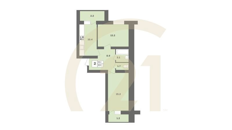 2-комн, 55.9 м², 1 этаж