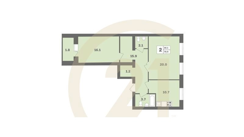 2-комн, 70.5 м², 2-9 этаж