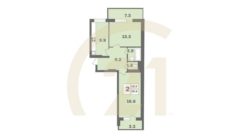 2-комн, 58.8 м², 8 этаж