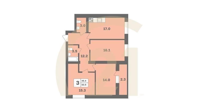 3-комн, 83.4 м², 2-3 этаж