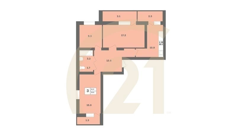 3-комн, 76.8 м², 2-9 этаж