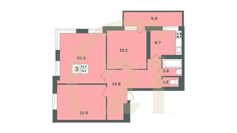 3-комн, 76.9 м², 2-7 этаж