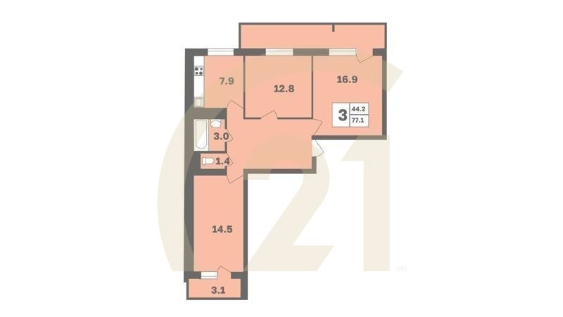 3-комн, 76.7 м², 2 этаж