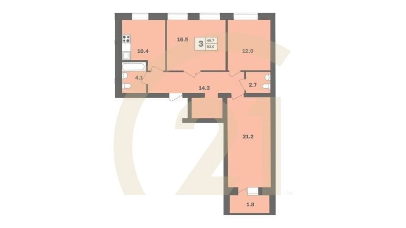 3-комн, 83 м², 2-9 этаж