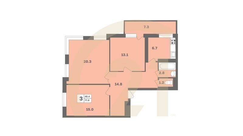3-комн, 77.6 м², 8-12 этаж