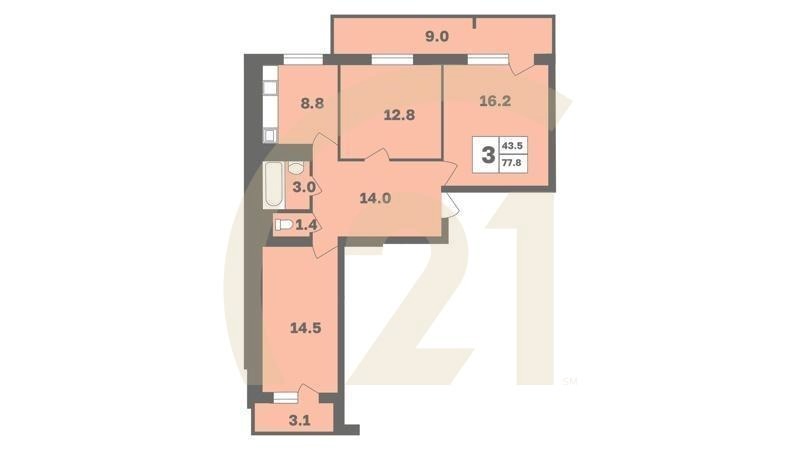 3-комн, 77.8 м², 2 этаж