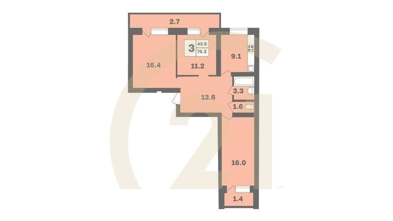3-комн, 75.3 м², 2-9 этаж