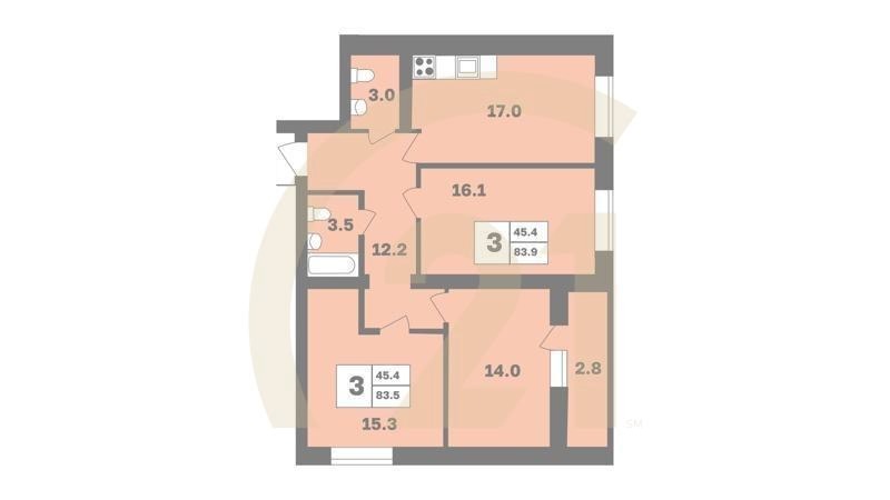 3-комн, 83.9 м², 1 этаж