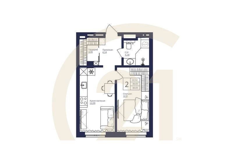 2-комн, 38.83 м², 4-6 этаж