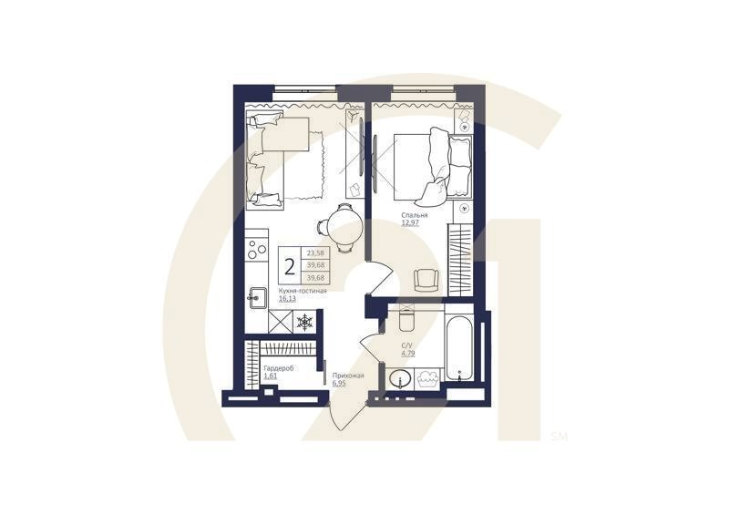 2-комн, 39.68 м², 6 этаж