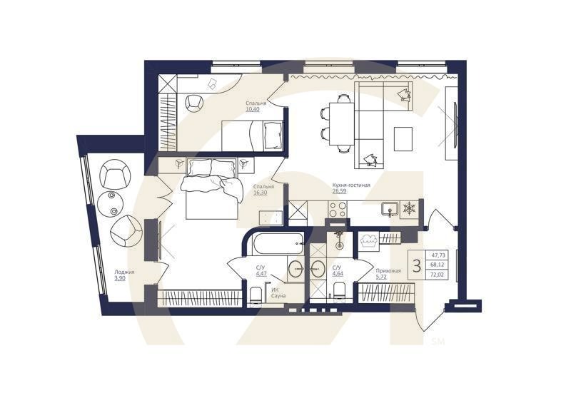 3-комн, 72.17 м², 5 этаж