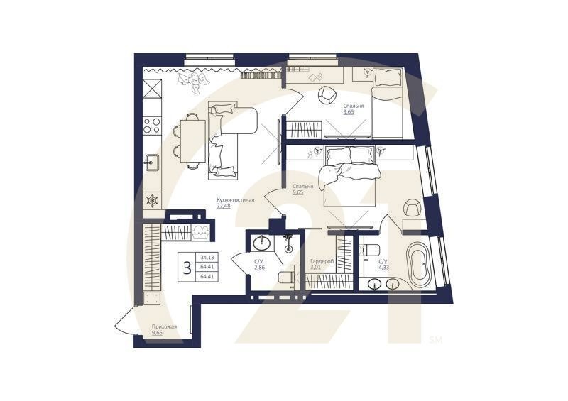 3-комн, 64.4 м², 4-5 этаж