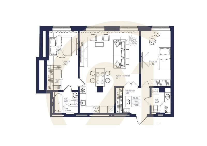 3-комн, 74.97 м², 6 этаж