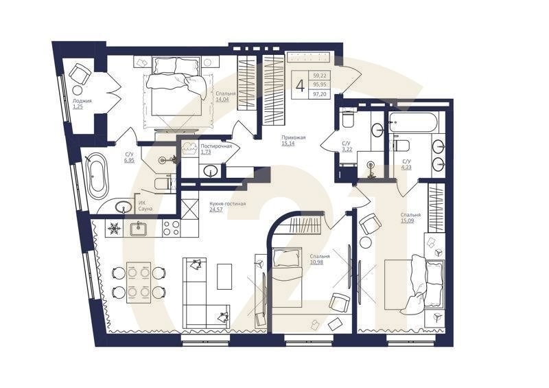 4-комн, 97.3 м², 4-6 этаж
