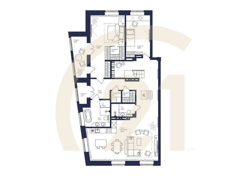 4-комн, 182.64 м², 8 этаж