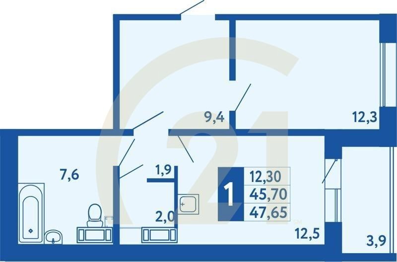 1-комн, 47.6 м², 1 этаж