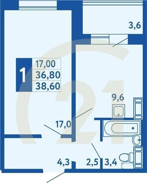 1-комн, 38.6 м², 1 этаж