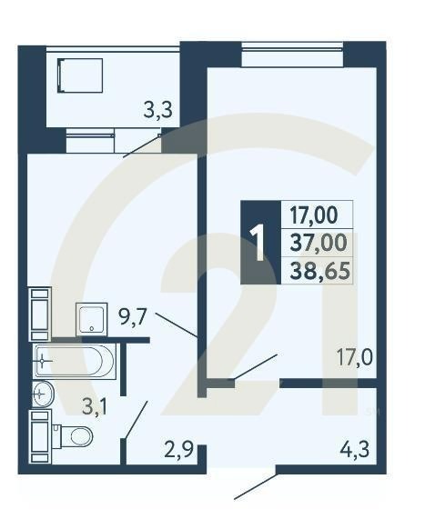 1-комн, 38.65 м², 16-17 этаж