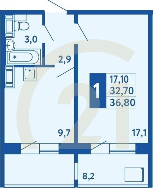 1-комн, 36.8 м², 10-17 этаж