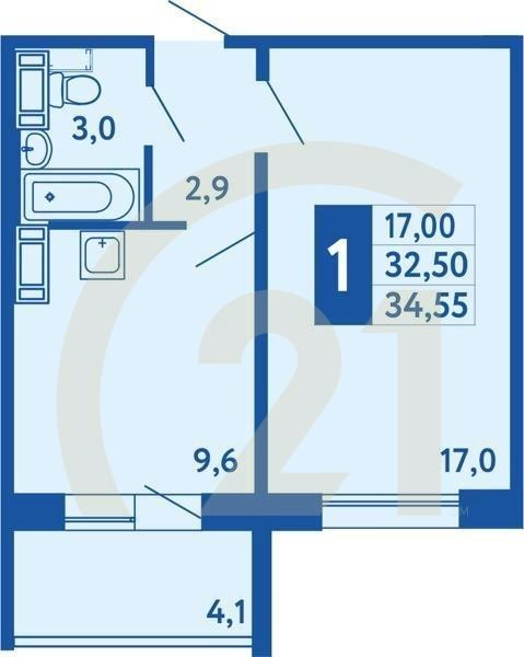 1-комн, 34.55 м², 1 этаж