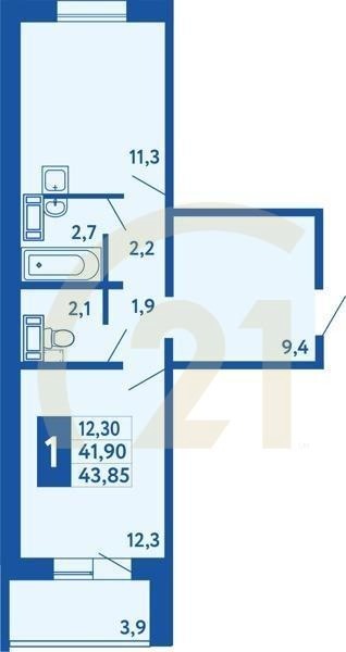 1-комн, 43.85 м², 1 этаж