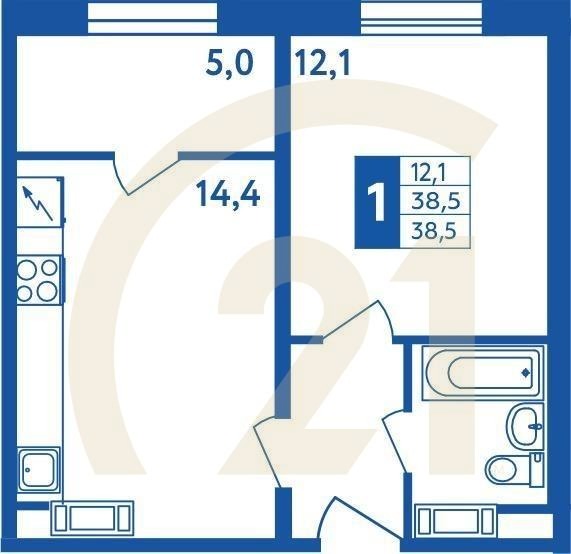 1-комн, 38.5 м², 6-18 этаж