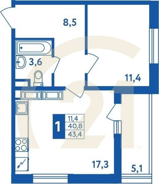 1-комн, 43.4 м², 1-18 этаж