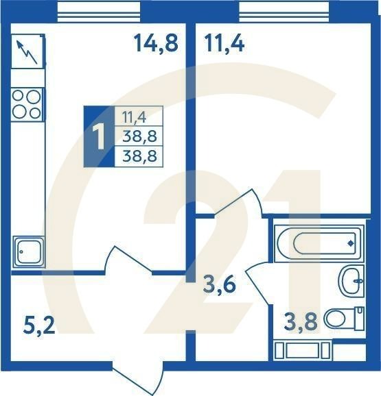1-комн, 38.8 м², 1-5 этаж