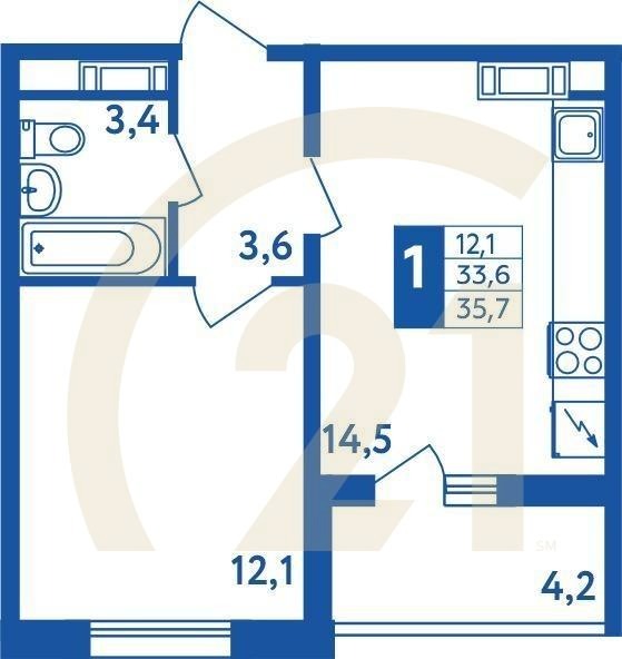 1-комн, 35.7 м², 1-18 этаж