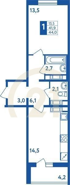 1-комн, 44 м², 1-18 этаж