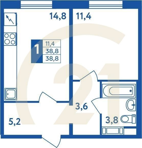 1-комн, 38.8 м², 1 этаж