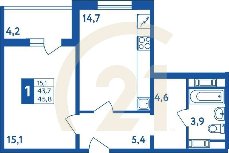 1-комн, 45.8 м², 1 этаж
