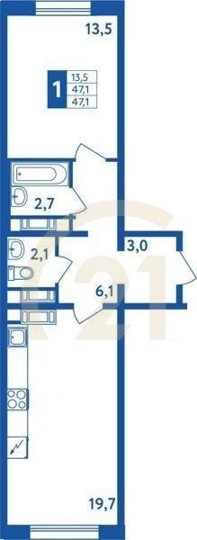 1-комн, 47.1 м², 1-5 этаж
