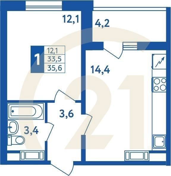 1-комн, 35.6 м², 1-18 этаж