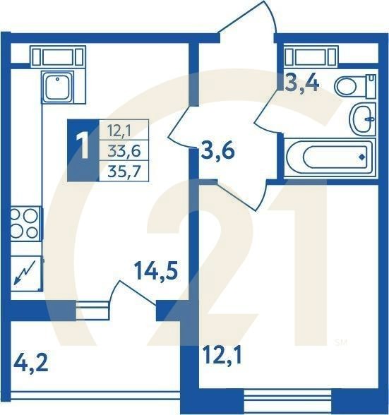 1-комн, 35.7 м², 1-18 этаж