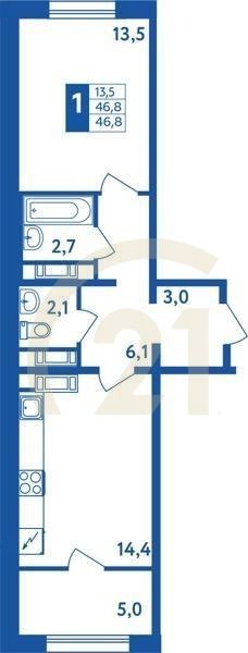 1-комн, 46.8 м², 6-18 этаж