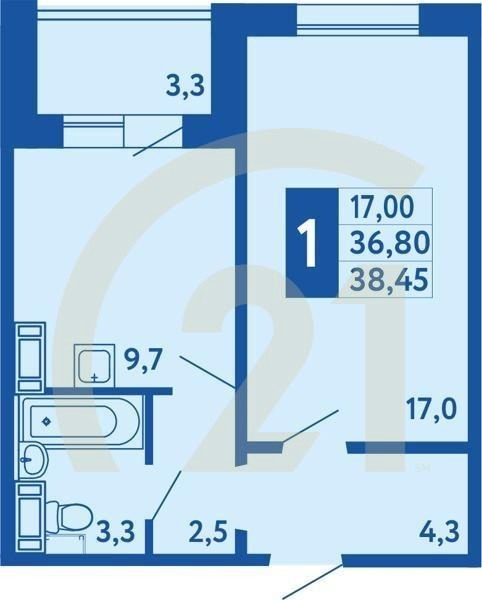 1-комн, 38.45 м², 2-17 этаж