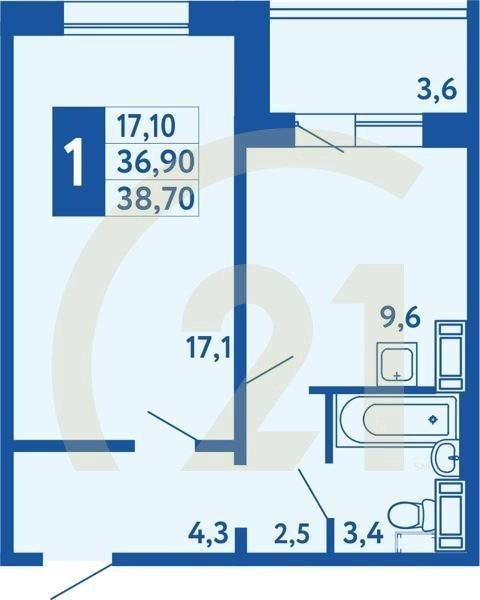1-комн, 38.7 м², 1 этаж