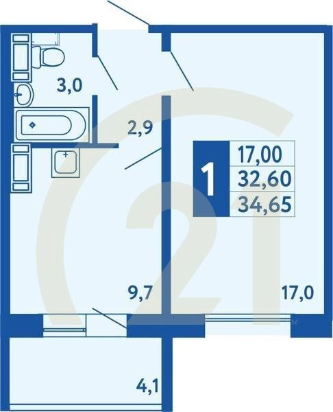 1-комн, 34.65 м², 1 этаж