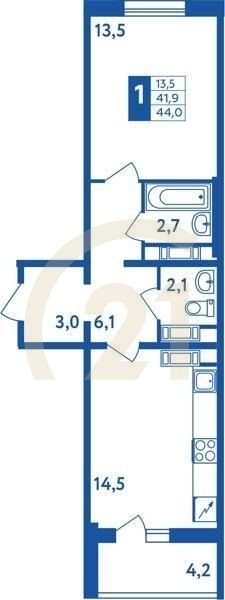 1-комн, 44 м², 1-18 этаж