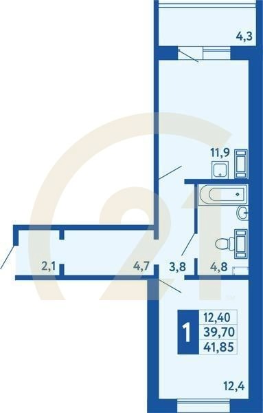 1-комн, 41.85 м², 1 этаж