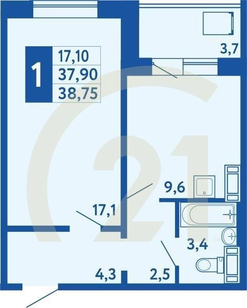 1-комн, 38.75 м², 12-17 этаж