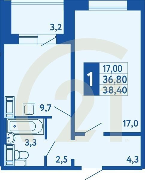 1-комн, 38.4 м², 1 этаж