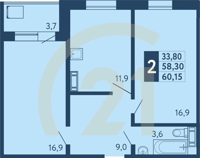 2-комн, 60 м², 2 этаж