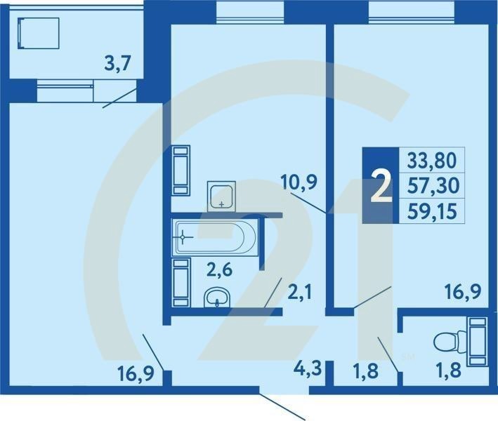 2-комн, 59.15 м², 2-5 этаж
