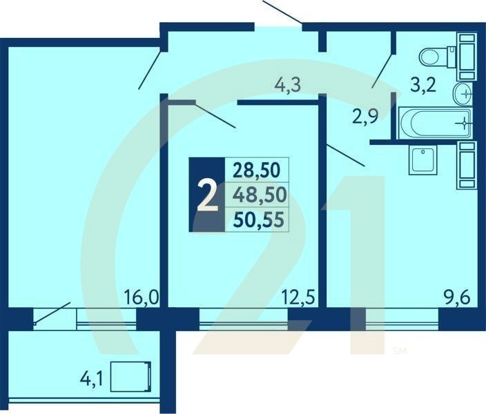 2-комн, 50.55 м², 1 этаж