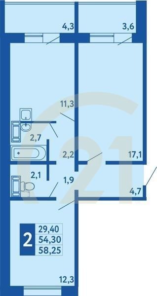 2-комн, 58.25 м², 1 этаж